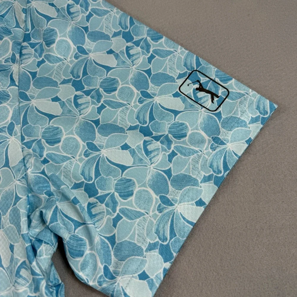 Mens PGA Tour Pro Series Stretch Aqua Flower Print Polo Golf Shirt Size Medium